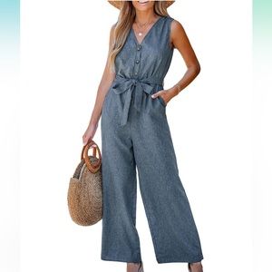 Women's Belted V-Neck Buttoned Jumpsuit - Cupshe-XL-Blue